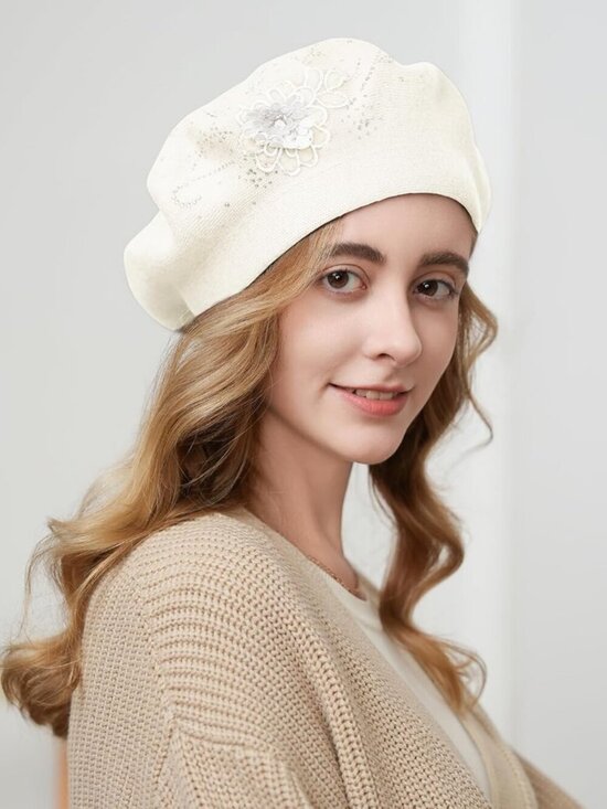 Women\'s French Style Flower Knitted Embroidery Beret Hats White main image 7